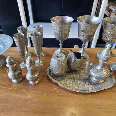 Vintage ZY India etched silver plated serving ware. 16 pieces