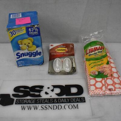 3 pc Home Care: Snuggle Fabric Softener Sheets, Command Hooks & Mop Refill - New