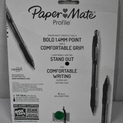 Papermate Profile Ballpoint Pens, Black, 1.4mm, Package of 8 - New