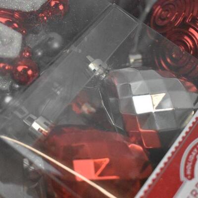 18 Shatterproof Ornaments - Red and Silver, Various Shapes