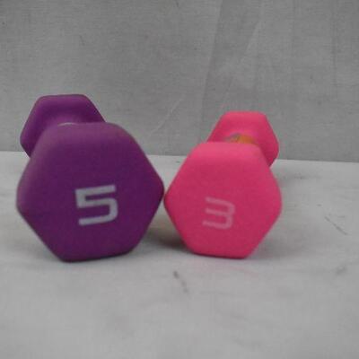 2 Neoprene Dumbbell Hand Weights by CAP: Pink 3 pounds, Purple 5 pounds - New