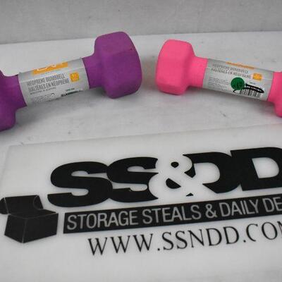 2 Neoprene Dumbbell Hand Weights by CAP: Pink 3 pounds, Purple 5 pounds - New