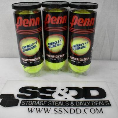 3 Cans Penn Championship Extra Duty Tennis Balls (3 balls in each can) - New