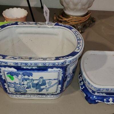 2 Piece Blue and White Oriental Asian Planter Vase with Stand Base (item #78)