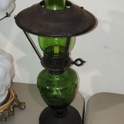 Vintage Green Glass with Metal Oil Lamp Lantern (item #85)