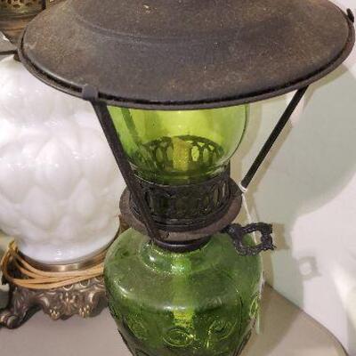 Vintage Green Glass with Metal Oil Lamp Lantern (item #85)