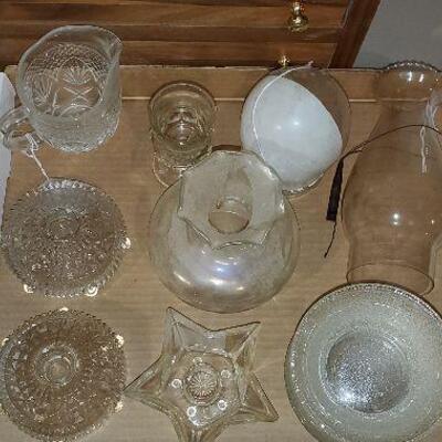 Vintage Lot of Dishes Glassware Candlesticks Bowls Vase Creamer Globe (item #90)