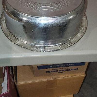 Vintage Glass Cake Plate and Metal Cake Top Cover with Wood Wooden Knob (item #93)