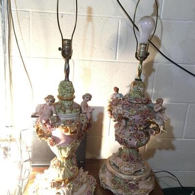 Large 36â€ Pair of Capodimonte Figural Cherub Lamps
