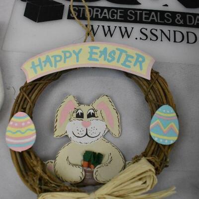 9+ pc Easter Decor: 2 large eggs, 2 wall decor, 2 bunnies, eggs, etc.