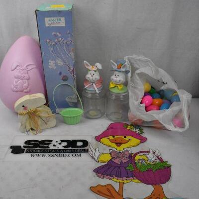 8+ pc Easter Decor: Large Egg, 2 Bunny Jars, Wooden Bunny, small eggs