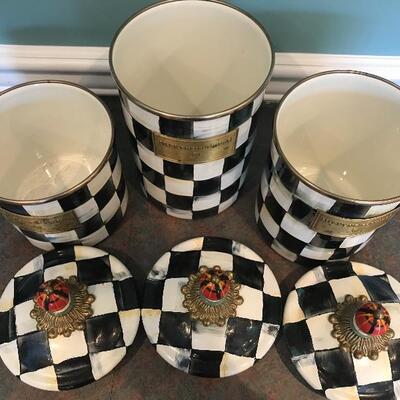 Lot 123:  MacKenzie-Childs Enamel Canister Set Courtly Check Pattern