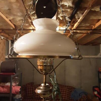 Brass-tone hanging hurricane lamp
