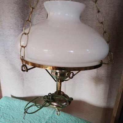 Brass-tone hanging hurricane lamp
