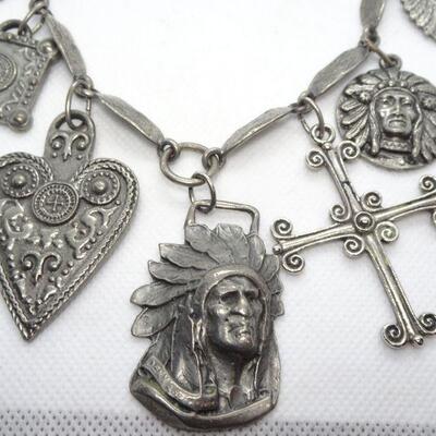 Silver Tone Native American Themed Charm Pendant Necklace, Cross, Chief, Heart