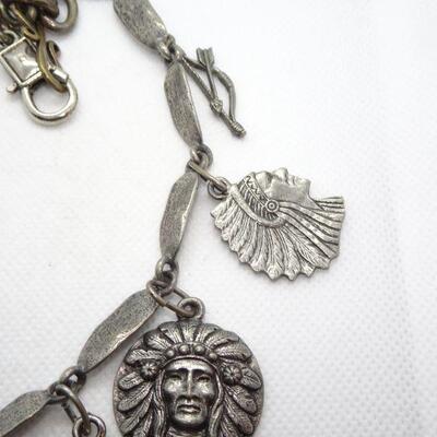 Silver Tone Native American Themed Charm Pendant Necklace, Cross, Chief, Heart