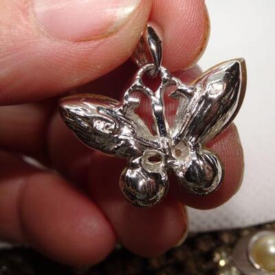 Silver Tone Rhinestone Butterfly Necklace Pendant - Signed