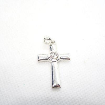 Dainty Silver Tone Center Rhinestone Cross Necklace Pendant 