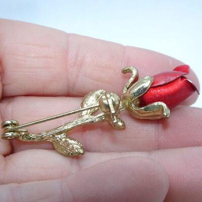 Gold Tone Ruby Red Rose Pin 