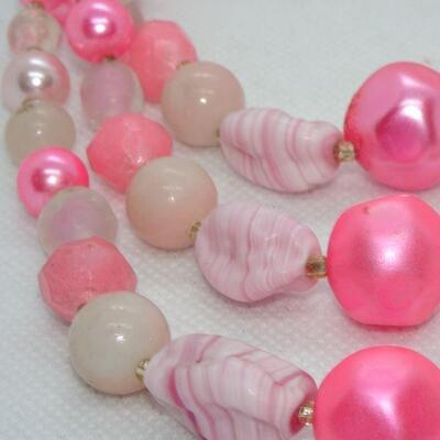 Hot Pink Triple Strand Beaded Necklace, Glass Beads 
