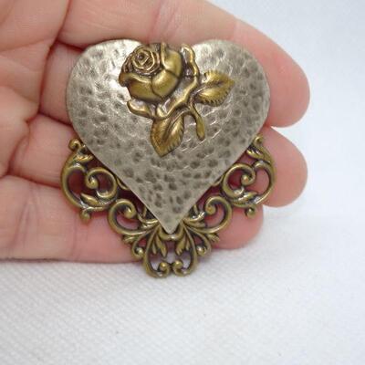 Silver & Bronze Tone Victorian Heart Pin, Signed 