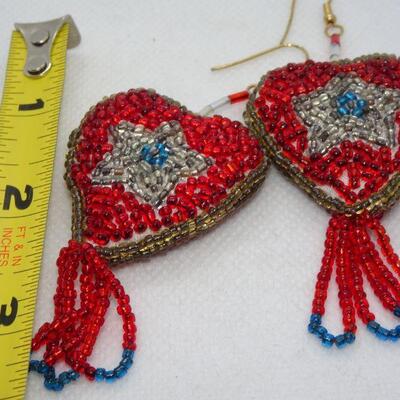 Hand Beaded Red White & Blue Beaded Heart Earrings, Lone Star - Houston Stock Show Jewelry 