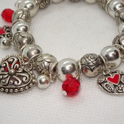 Silver & Red Stretch Valentine Charm Heart Bracelet 