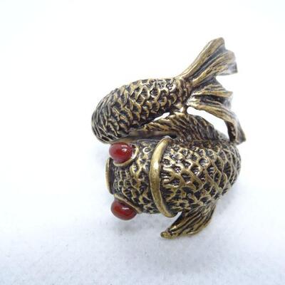 Very Cool Koi Fish Wrap Ring, Red Eyes, Signed 
