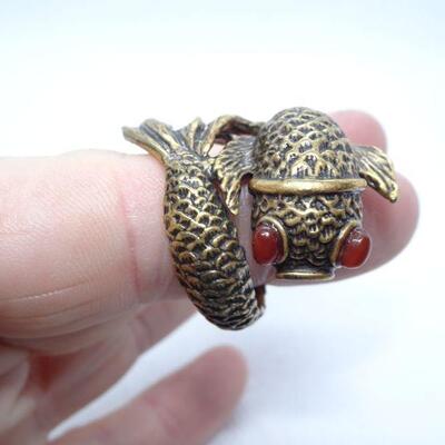 Very Cool Koi Fish Wrap Ring, Red Eyes, Signed 