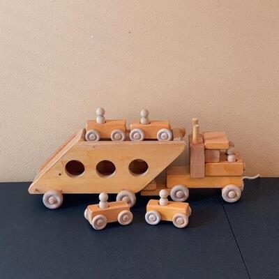 Wood Truck & Trailer with 4 Small Wood Cars
