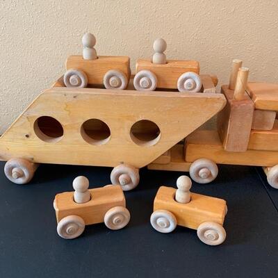 Wood Truck & Trailer with 4 Small Wood Cars