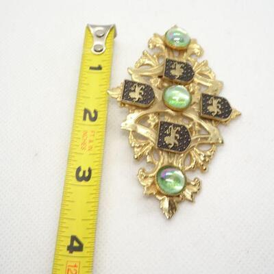 Gold & Green Royal Lion Crest Filigree Statement Brooch 