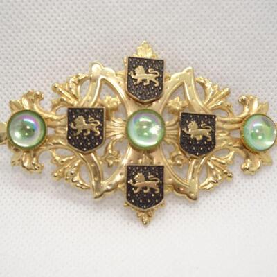 Gold & Green Royal Lion Crest Filigree Statement Brooch 