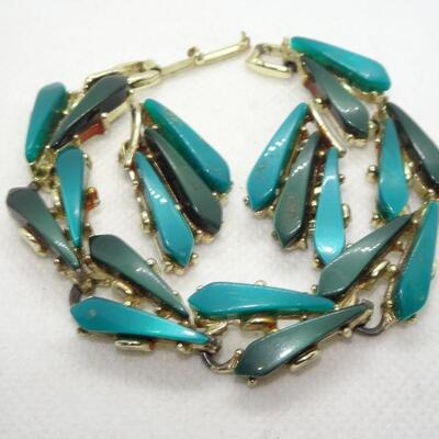 MId Century Thermo Plastic Teal Green Bracelet & Matching Clip Earrings 