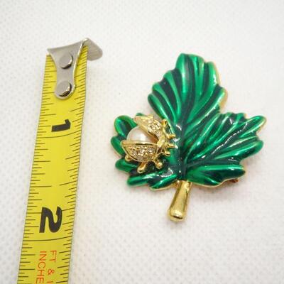 Gold Lady Bug on a Emerald Green Leaf Brooch 