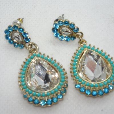 Beaded & Rhinestone Tear Drop Dangle Post Earrings