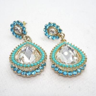 Beaded & Rhinestone Tear Drop Dangle Post Earrings