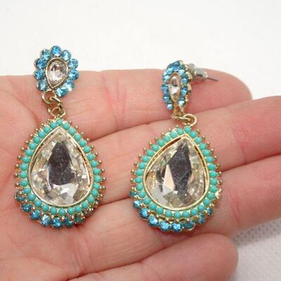 Beaded & Rhinestone Tear Drop Dangle Post Earrings