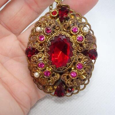 Art Nouveau Pendant Necklace, Filigree Red Rhinestones Czech Style 