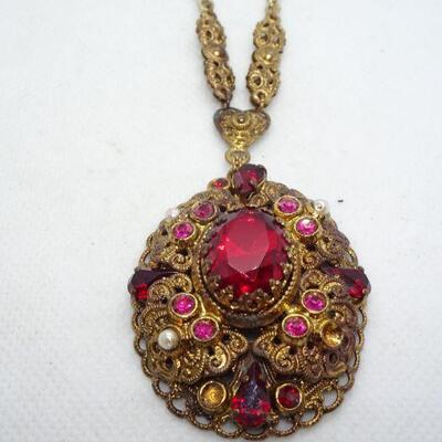 Art Nouveau Pendant Necklace, Filigree Red Rhinestones Czech Style 