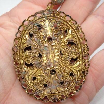 Art Nouveau Pendant Necklace, Filigree Red Rhinestones Czech Style 