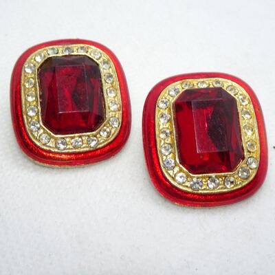 Vintage "Dynasty" Style Ruby Red Rhinestone Clip Earrings 