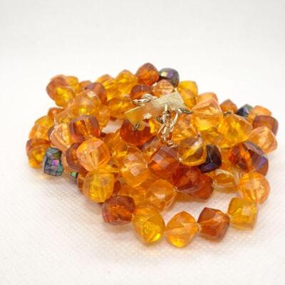 Amber Colored Mid Century Plastic Beaded Necklace 