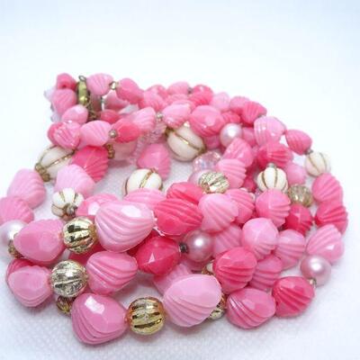 Pretty in Pink 3 Strand Mid Century Mod Plastic Beaded Necklace 