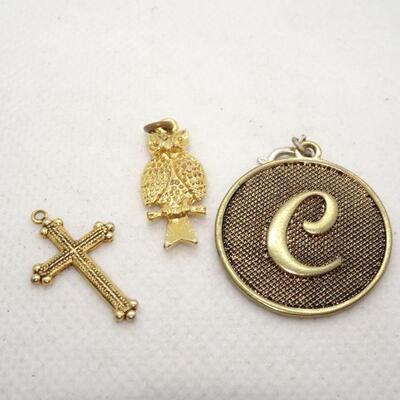 3 Gold Tone Charms, Hooter Owl, Cross and the Letter 