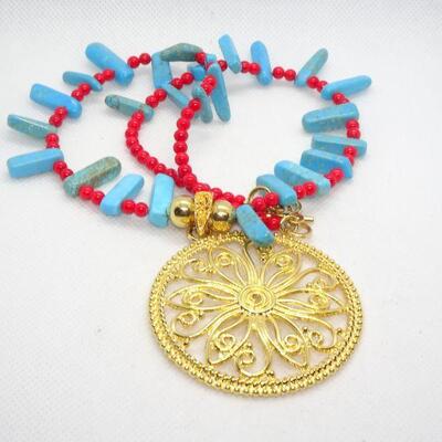 Brilliant Gold Medallion Teal & Red Beaded Necklace 