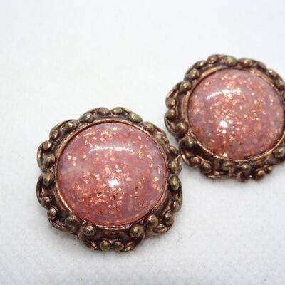 Pink Speckled Stone Clip Earrings 