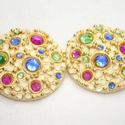 Gold Tone Disc Multi Colored Stone Clip Earrings - Reminds me of a planet 