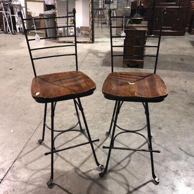 Two Wood Wooden With Wrought Iron Bar Stools 28 1/2