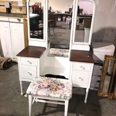 Wooden Wood Vanity with Mirrors and Seat Stool 44 1/2 x 18 inches and 29 1/2 inches Tall to table top,  67